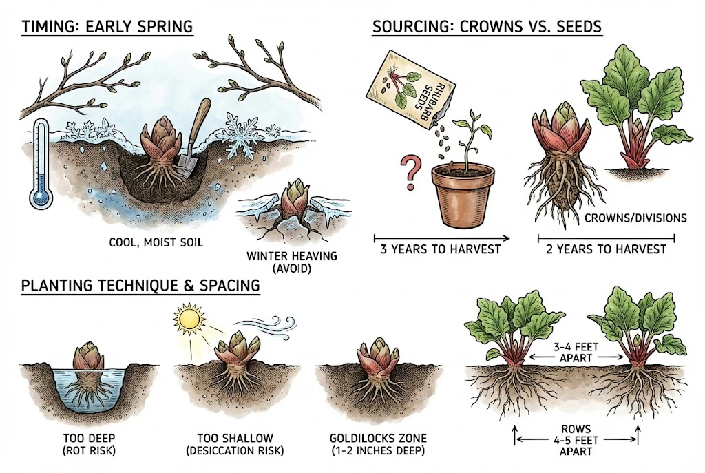 Planting rhubarb: timing, sourcing crowns, and correct depth.