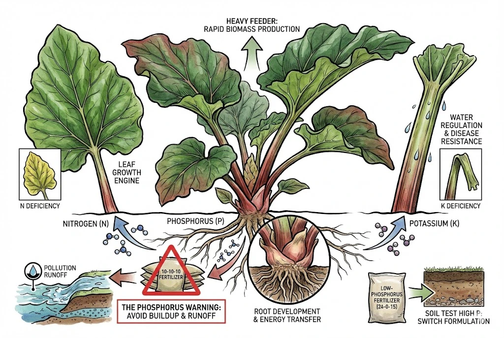 The N-P-K nutrient balance and phosphorus warning for rhubarb.