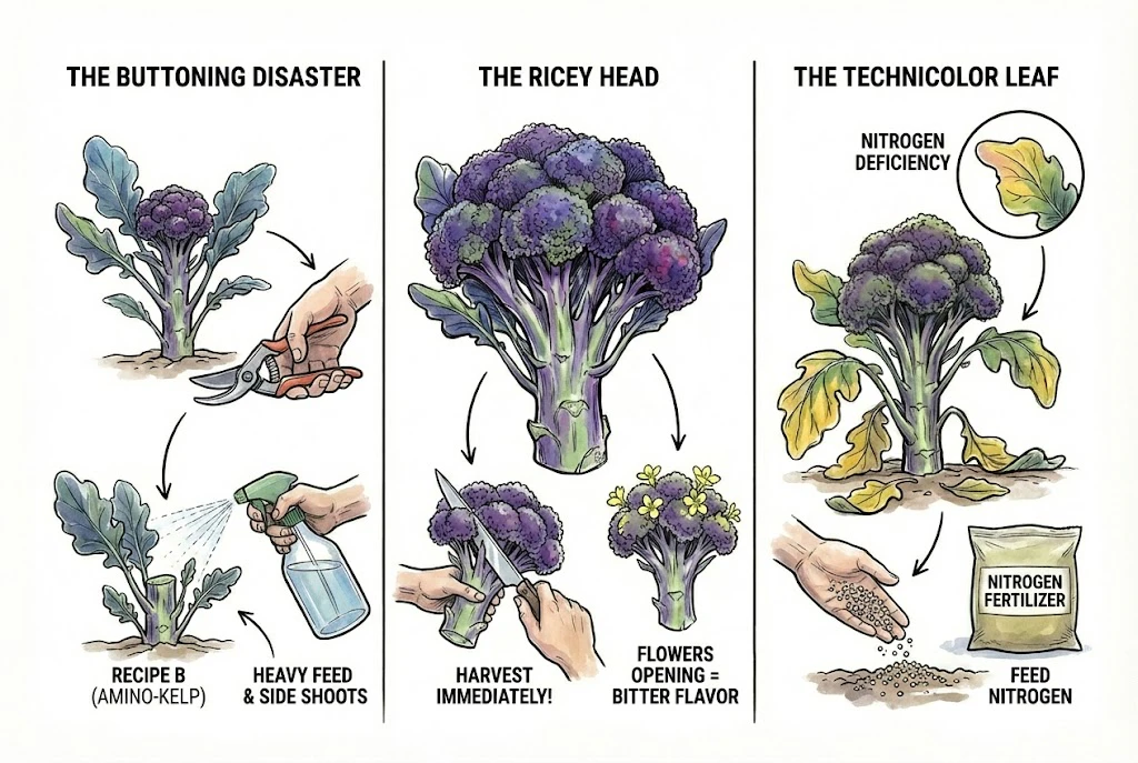 Purple Magic Broccoli: Illustration showing common broccoli problems—buttoning, ricey head, and nitrogen deficiency—and how to fix them.