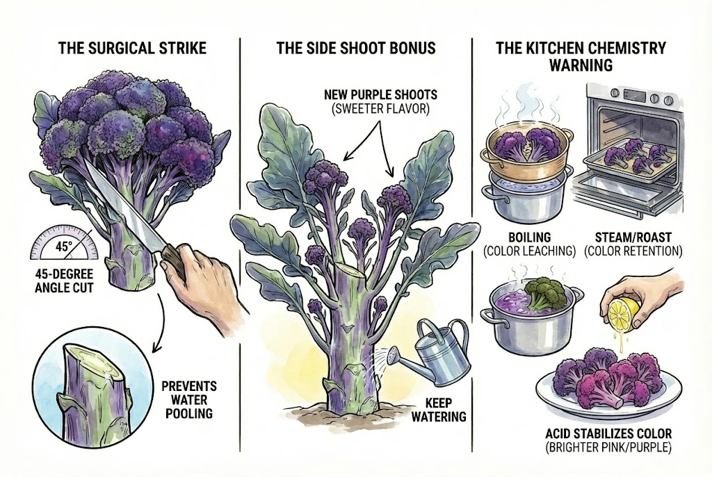 Purple Magic Broccoli: Illustration showing how to harvest broccoli, encourage side shoots, and use lemon juice to keep it purple during cooking.
