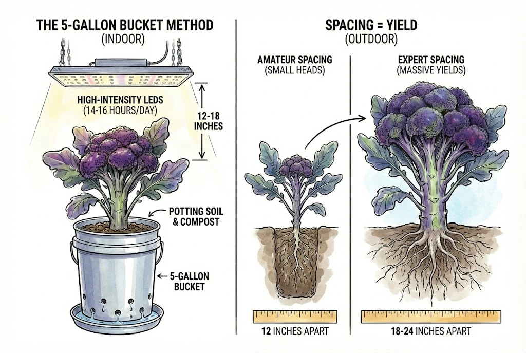 Purple Magic Broccoli: Illustration comparing indoor broccoli growing in a 5-gallon bucket with grow lights to proper outdoor spacing for maximum yield.