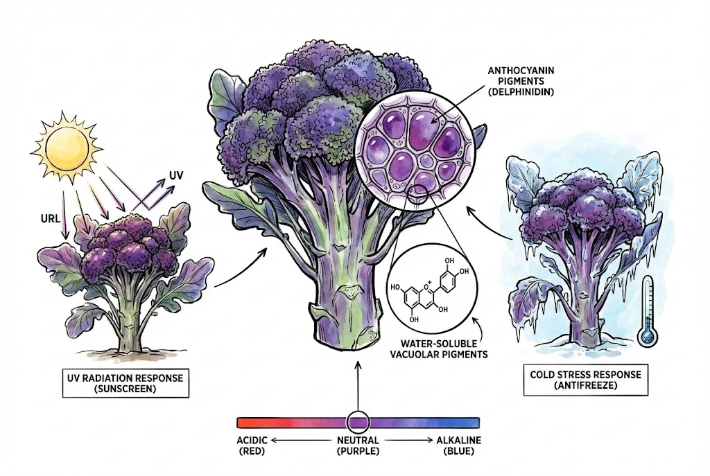 Purple Magic Broccoli: Illustration of purple broccoli's reaction to UV light and cold temperatures.
