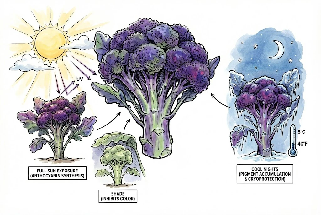 Purple Magic Broccoli: Illustration showing how full sun and cold temperatures increase purple pigment in broccoli.