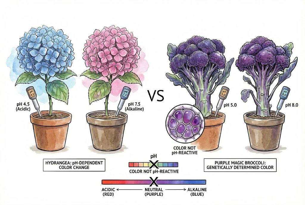 Purple Magic Broccoli: Illustration comparing pH-dependent color change in hydrangea versus the fixed genetic purple color of Purple Magic broccoli.