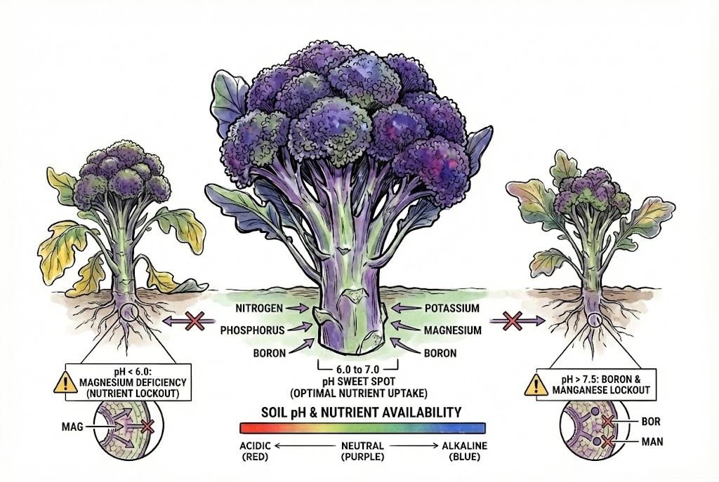 Purple Magic Broccoli: Illustration showing the optimal soil pH range of 6.0 to 7.0 for nutrient absorption in purple broccoli.