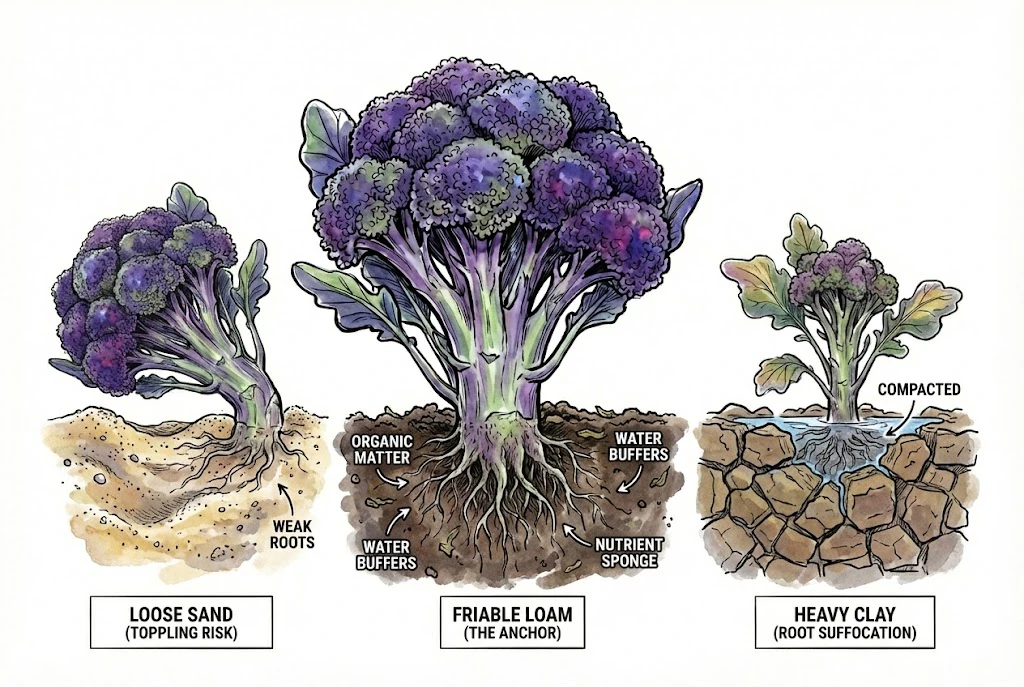 Purple Magic Broccoli: Illustration demonstrating the effect of different soil textures (sand, loam, clay) on broccoli root health.