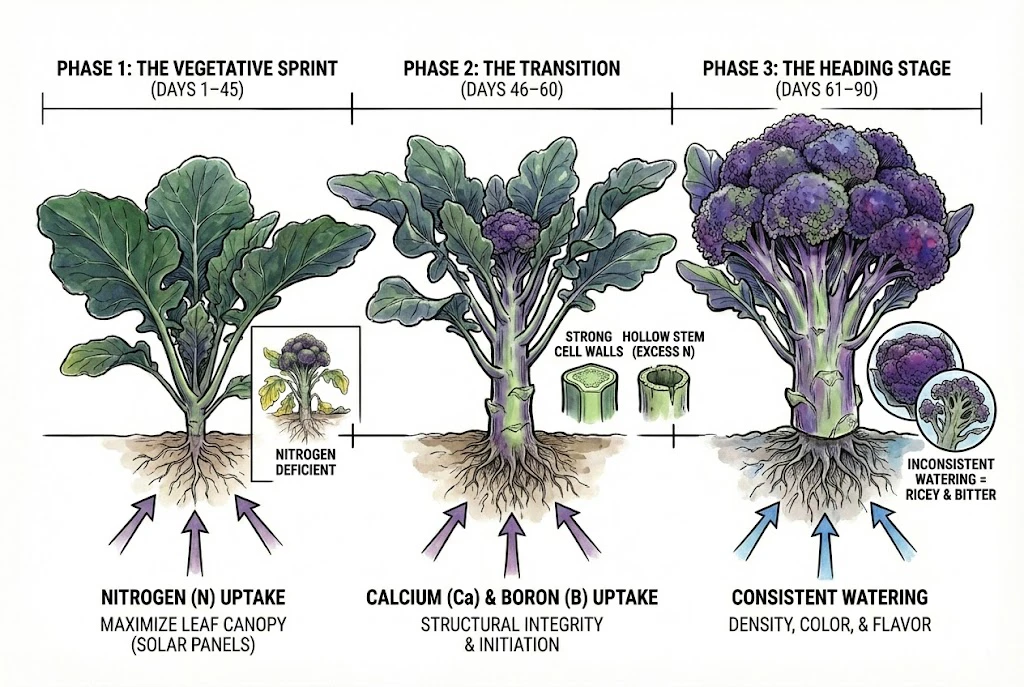 Purple Magic Broccoli: Illustration of the three-phase growth timeline for purple broccoli, showing specific nutrient requirements at each stage.