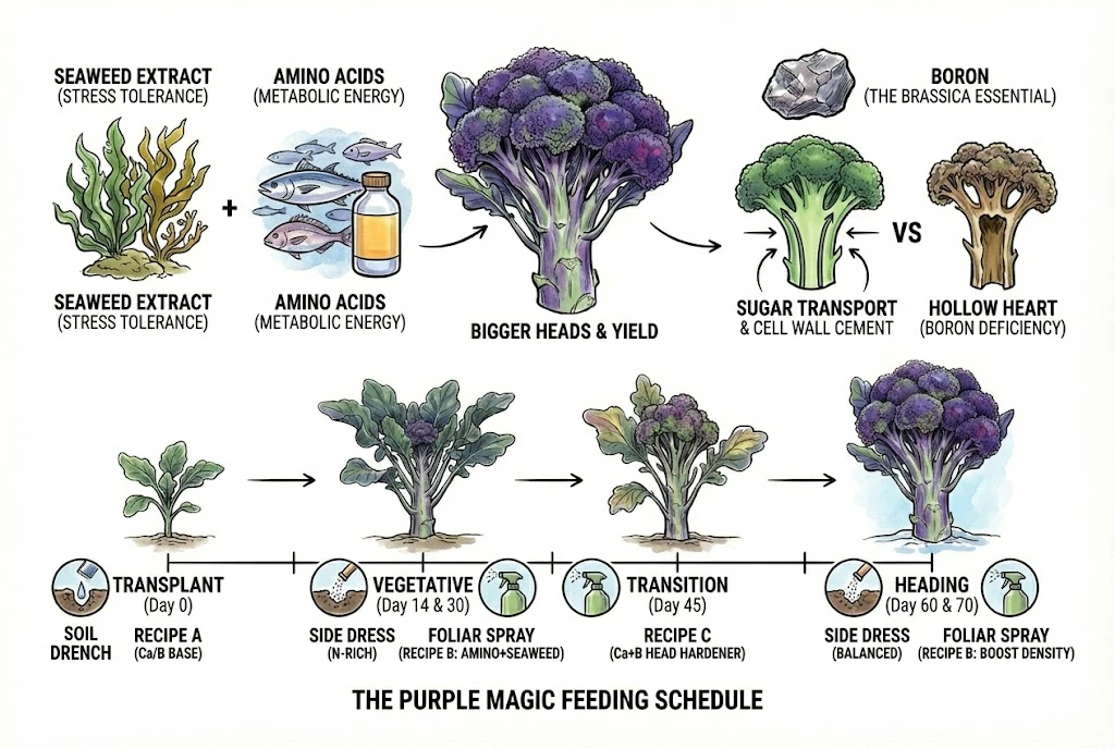 Purple Magic Broccoli: Illustration of a purple broccoli feeding schedule using biostimulants and micronutrients like seaweed and boron.