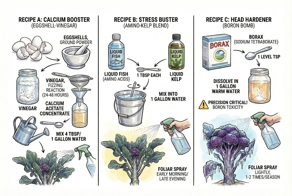 Purple Magic Broccoli: Illustration of three DIY plant nutrient recipes: an eggshell calcium booster, an amino-kelp blend, and a boron spray.