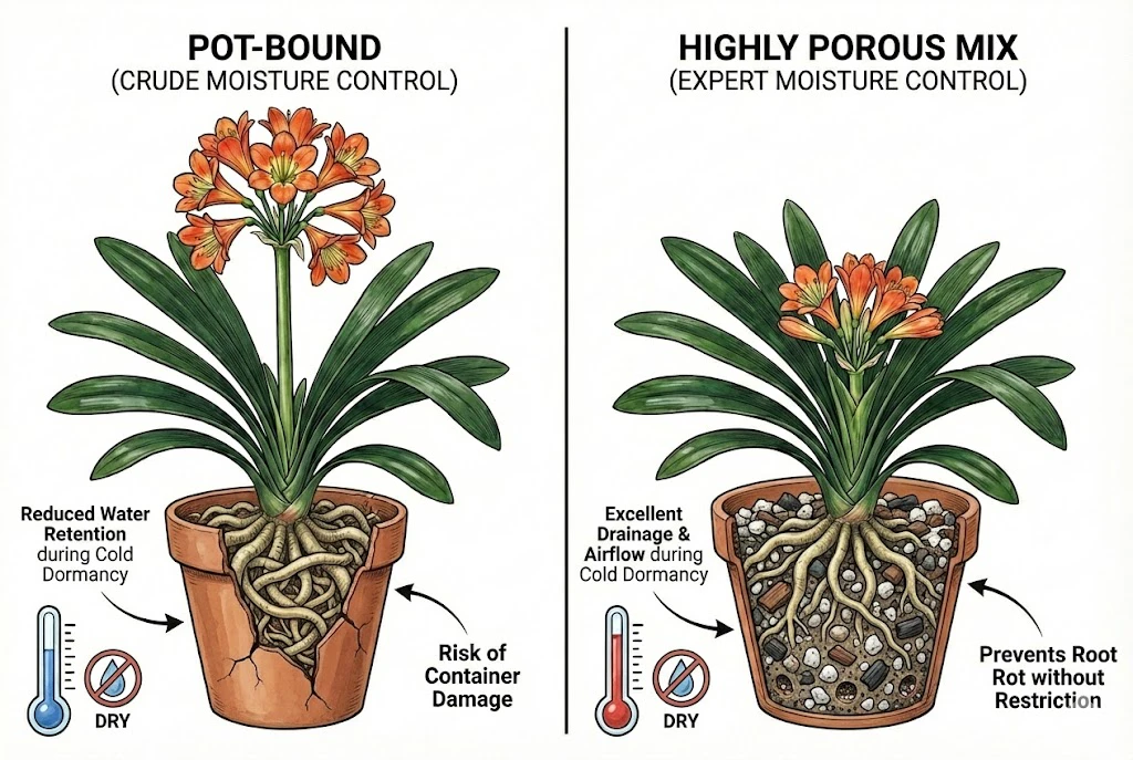 Winter Rot Healthy dry roots vs. rotting wet roots during dormancy.