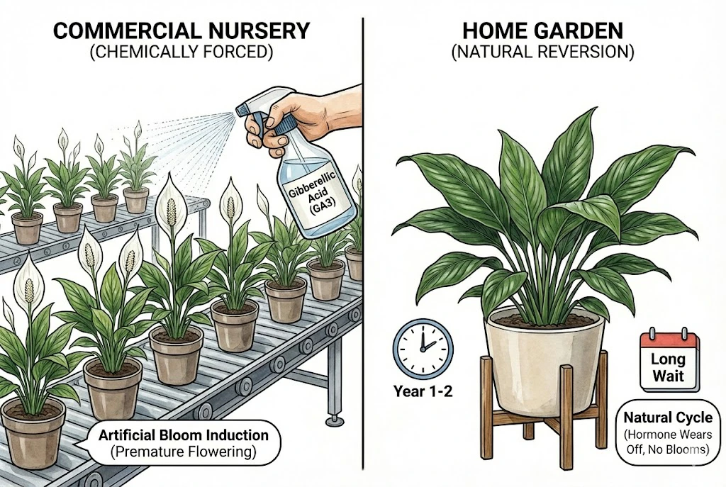 Forced Blooming Artificially hormone-sprayed plants vs. natural maturity.