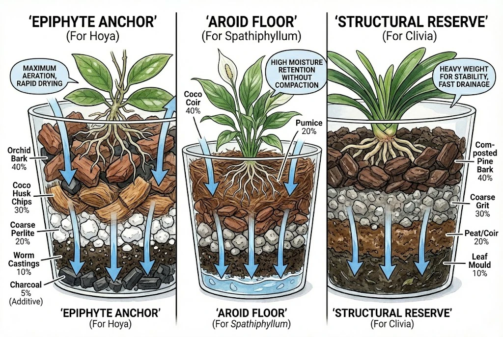 Soil Ingredients Visuals of orchid bark, coco chips, and perlite.
