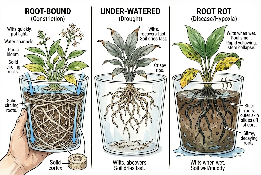 Symptom Guide Visual differences between drought, rot, and binding.