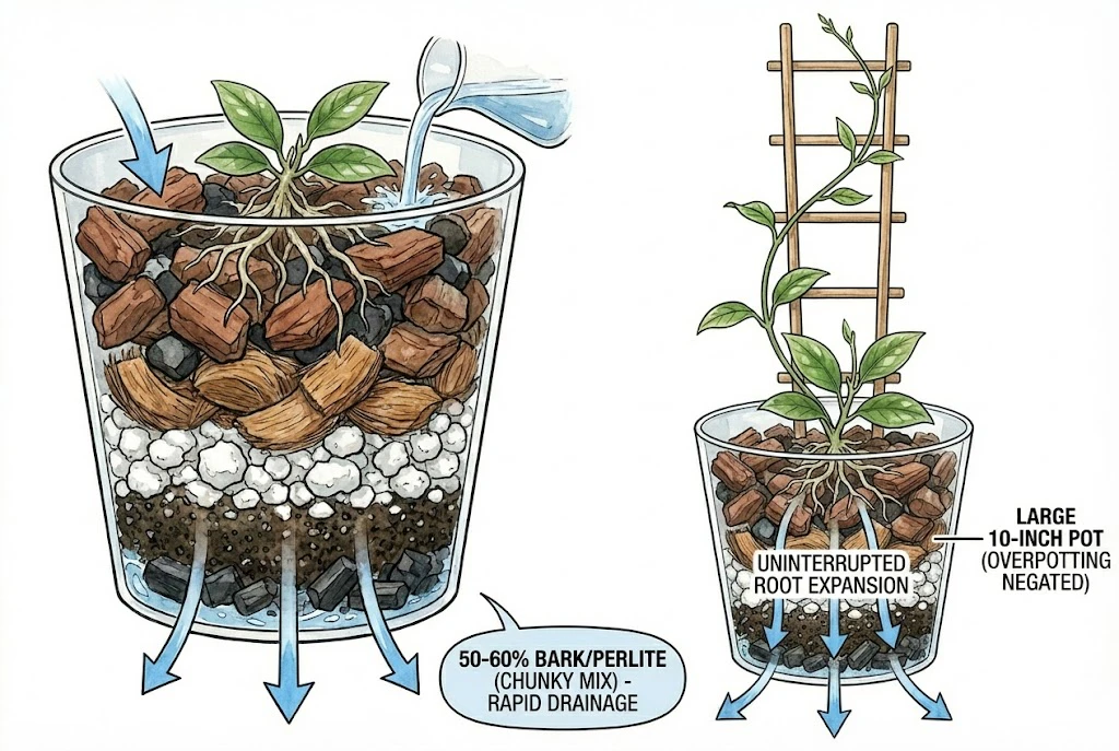 Direct Potting A small plant placed directly into a large, chunky pot.