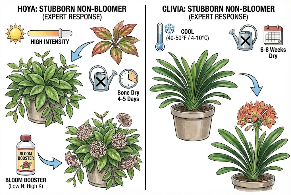 Bloom Fixes Sun exposure for Hoyas and cold rest for Clivias.