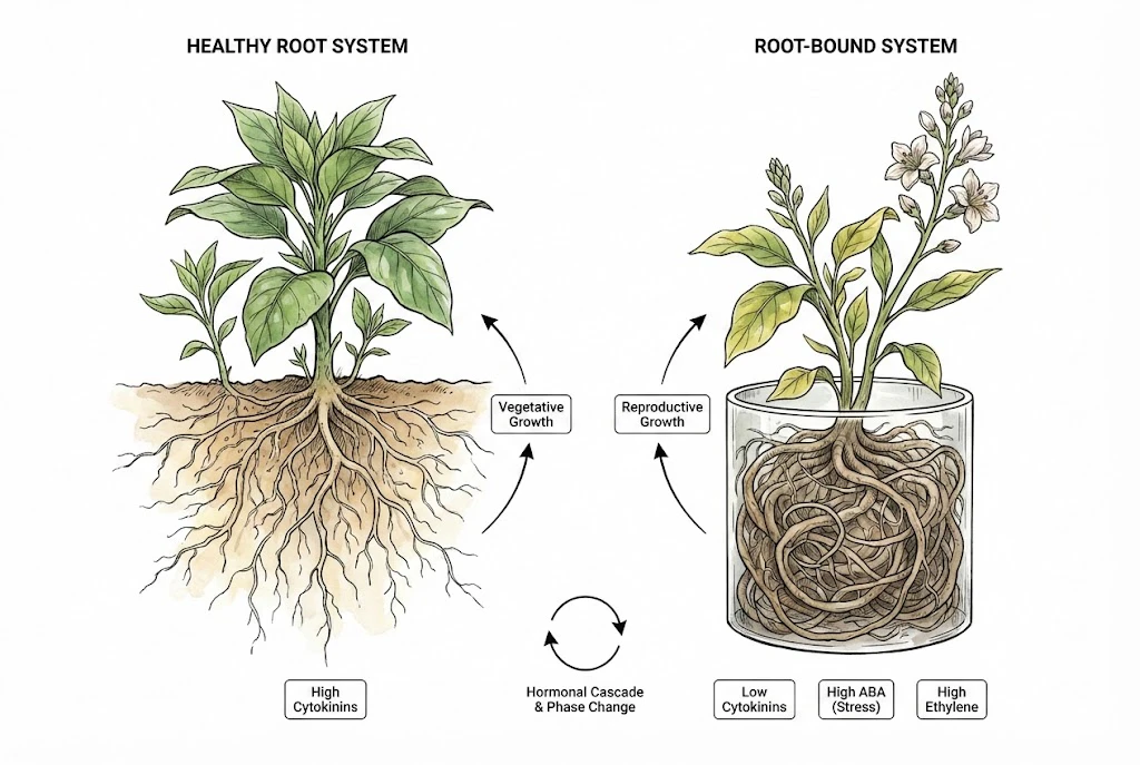 Hormonal Shift Hormone balance in healthy roots vs. root-bound roots.
