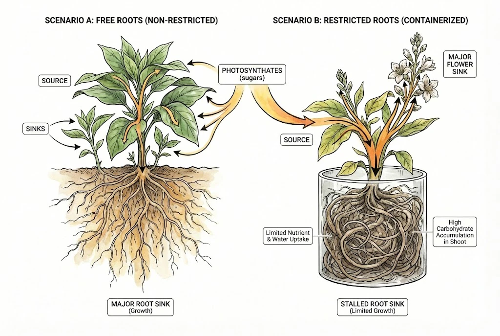 Energy Flow Energy directed to root growth vs. flower production.