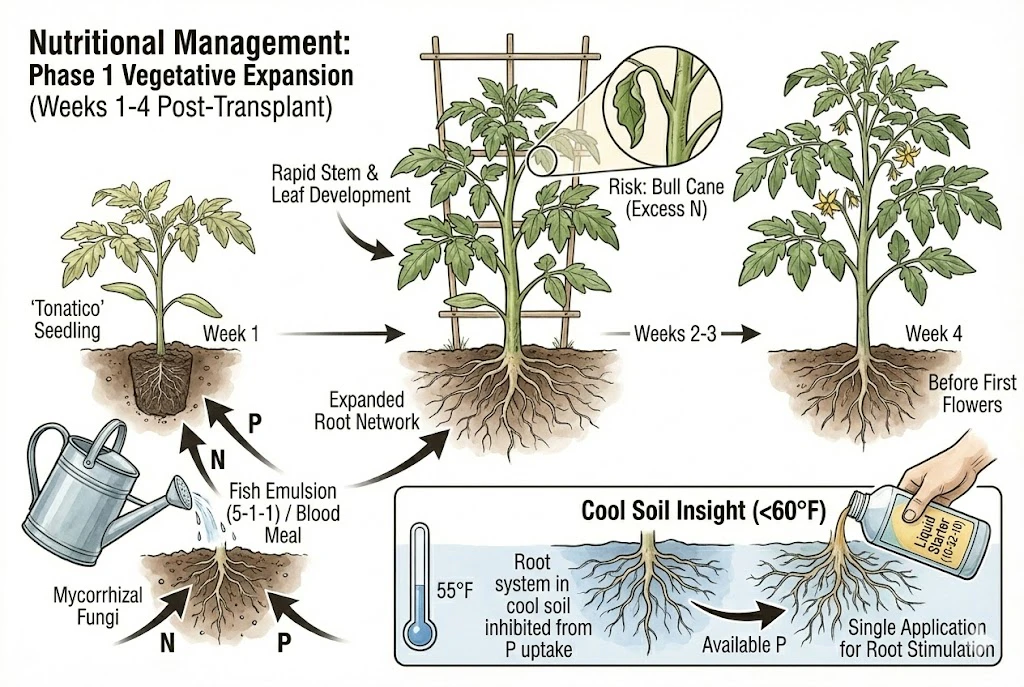 Tonatico Tomato Guide:the nutritional management for 'Tonatico' tomato plants during the vegetative expansion phase, detailing nitrogen and phosphorus applications.