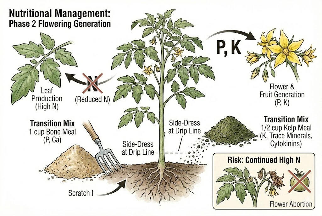 Tonatico Tomato Guide:the nutritional management for 'Tonatico' tomato plants during the flowering generation phase, detailing the shift to phosphorus and potassium.