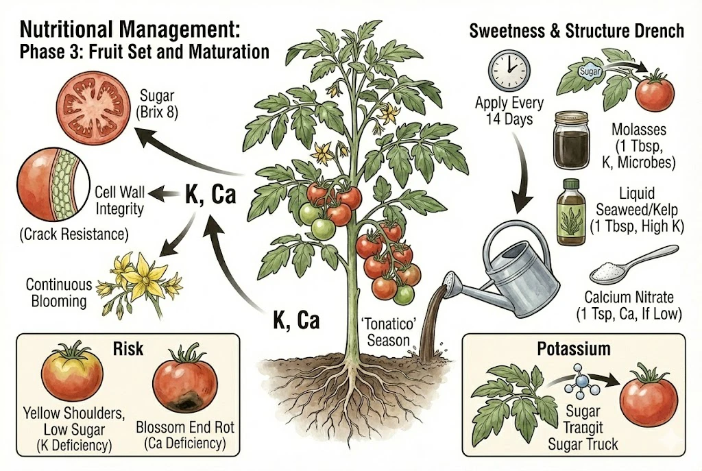 Tonatico Tomato Guide:the nutritional management for 'Tonatico' tomato plants during the fruit set and maturation phase, detailing potassium and calcium applications to prevent disorders.