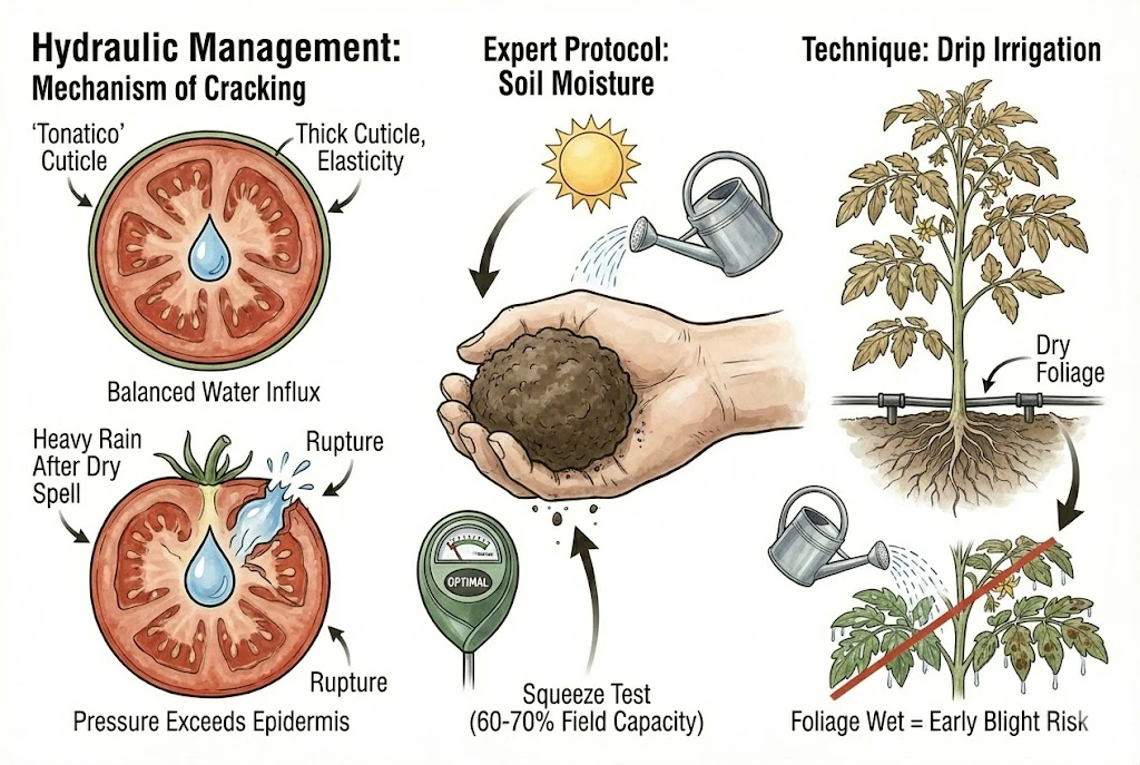 Tonatico Tomato Guide:hydraulic management for 'Tonatico' tomato plants, detailing the mechanism of fruit cracking and expert protocols for soil moisture and irrigation.