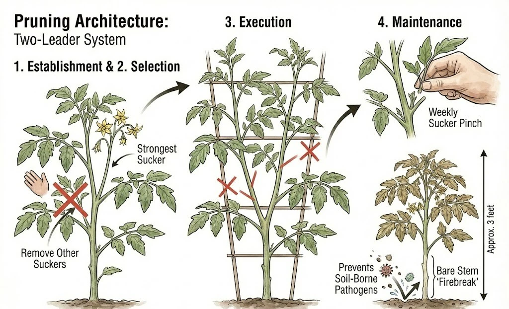 Tonatico Tomato Guide:the 'Tonatico' tomato plant pruning architecture, showing the Two-Leader System and sanitation pruning to improve airflow and prevent disease.