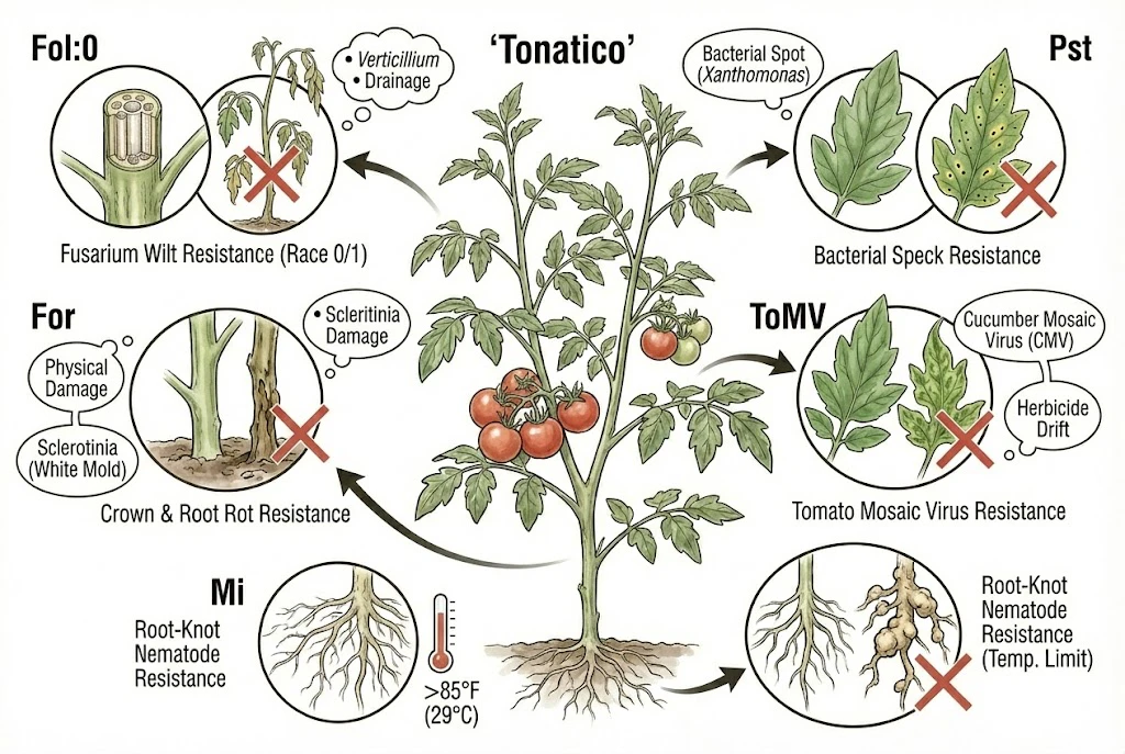 Tonatico Tomato Guide:the 'Tonatico' tomato plant, showing its specific genetic resistances to various pathogens like Fusarium, nematodes, and viruses.
