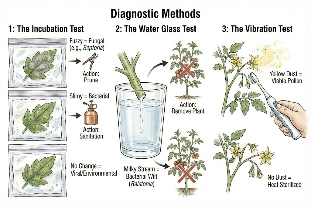 Tonatico Tomato Guide: detailing three diagnostic methods for tomato plants: the Incubation Test, the Water Glass Test, and the Vibration Test.