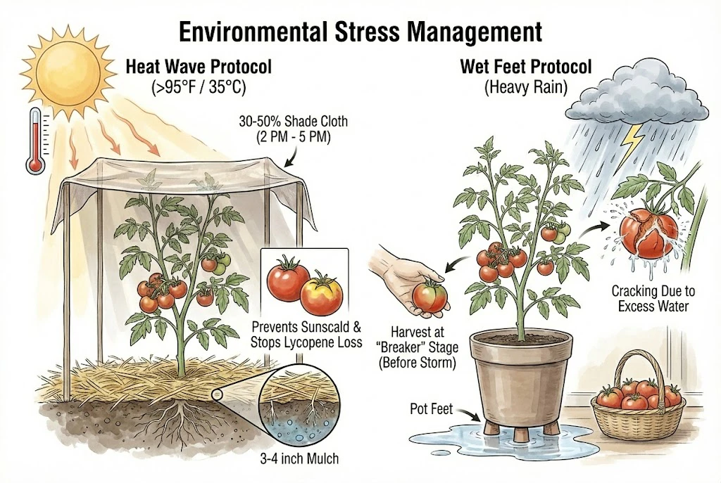 Tonatico Tomato Guide:environmental stress management for 'Tonatico' tomato plants, detailing protocols for heat waves and heavy rain.