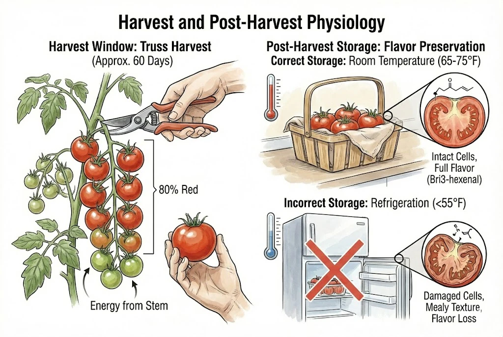 Tonatico Tomato Guide:the harvest and post-harvest physiology of 'Tonatico' tomato plants, detailing the harvest window and proper storage for flavor preservation.