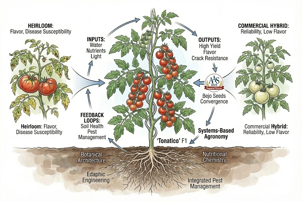 Tonatico Tomato Guide: contrasting heirloom, commercial hybrid, and the 'Tonatico' F1 tomato, highlighting the latter's convergence of flavor, yield, and disease resistance through systems-based agronomy.