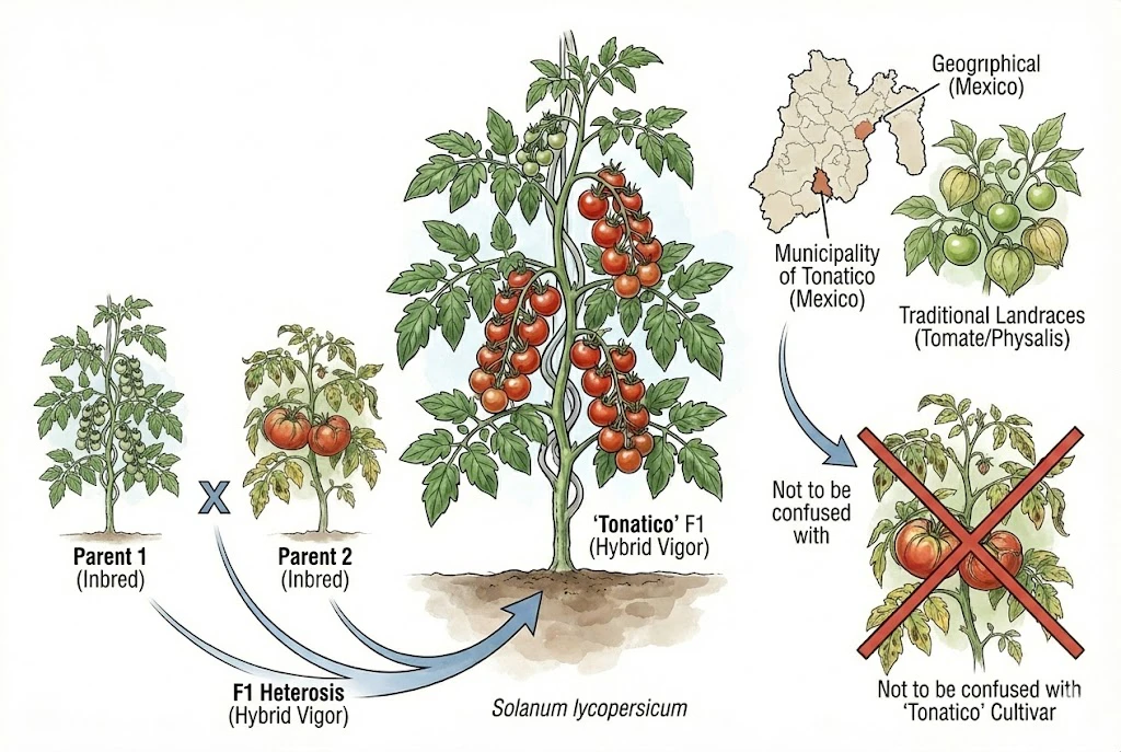 Tonatico Tomato Guide: explaining the F1 hybrid nature of the 'Tonatico' tomato and distinguishing it from the municipality of Tonatico, Mexico, and traditional tomatillos.