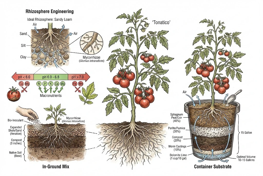 Tonatico Tomato Guide:'Tonatico' tomato cultivation, detailing soil requirements, pH balance, and container planting methods.