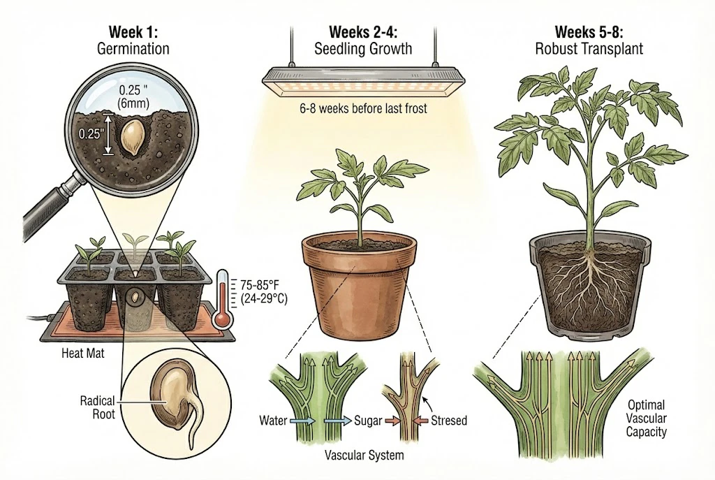 Tonatico Tomato Guide:the 'Tonatico' tomato seedling development stages, from germination to a robust transplant, including optimal environmental conditions.