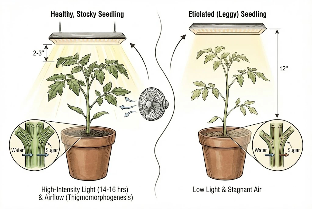 Tonatico Tomato Guide: contrasting a healthy, stocky 'Tonatico' seedling grown with high light and airflow versus an etiolated, leggy seedling grown in low light.