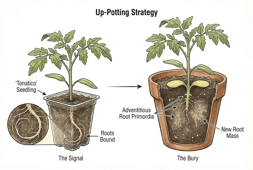 Tonatico Tomato Guide: demonstrating the 'Up-Potting Strategy' for 'Tonatico' tomato seedlings, showing the burying of the stem to promote adventitious root growth.