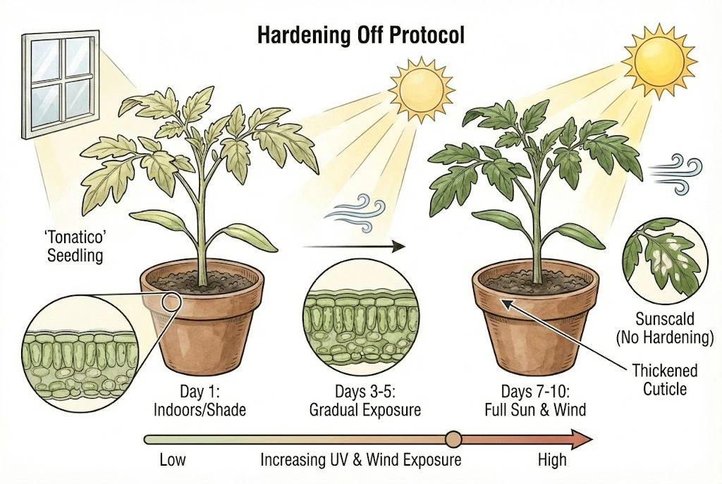Tonatico Tomato Guide: showing the 'Hardening Off Protocol' for 'Tonatico' tomato seedlings, detailing the gradual exposure to outdoor conditions to thicken the leaf cuticle.
