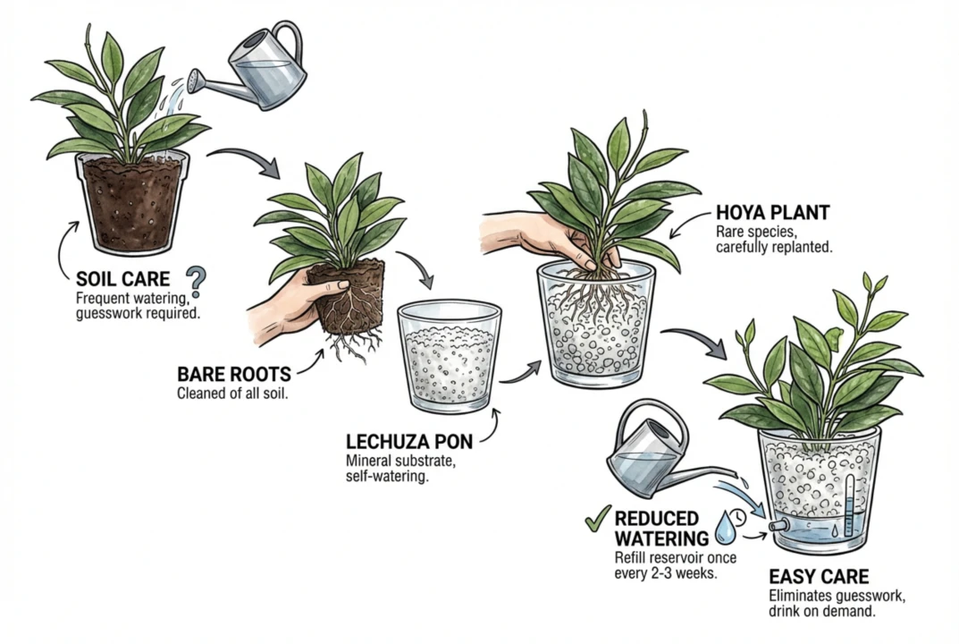 Hoya plant using self-watering reservoir system