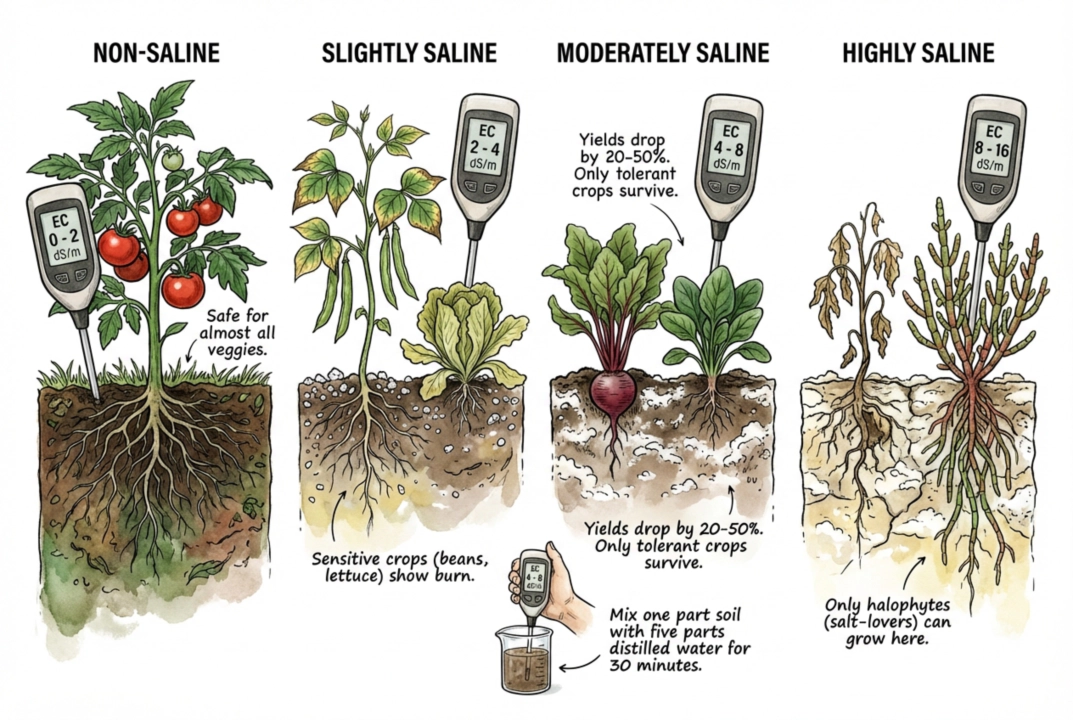Comparison table of safe and dangerous soil salinity levels for vegetables
