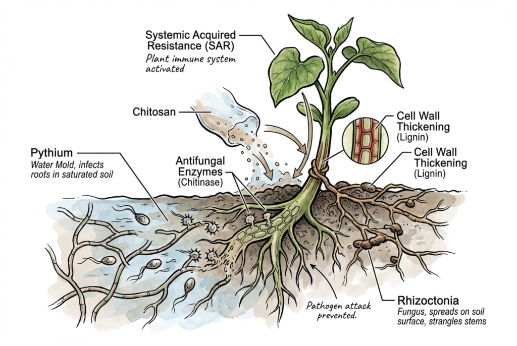 Microscopic view of Pythium water mold and Rhizoctonia fungus structures attacking seedling roots
