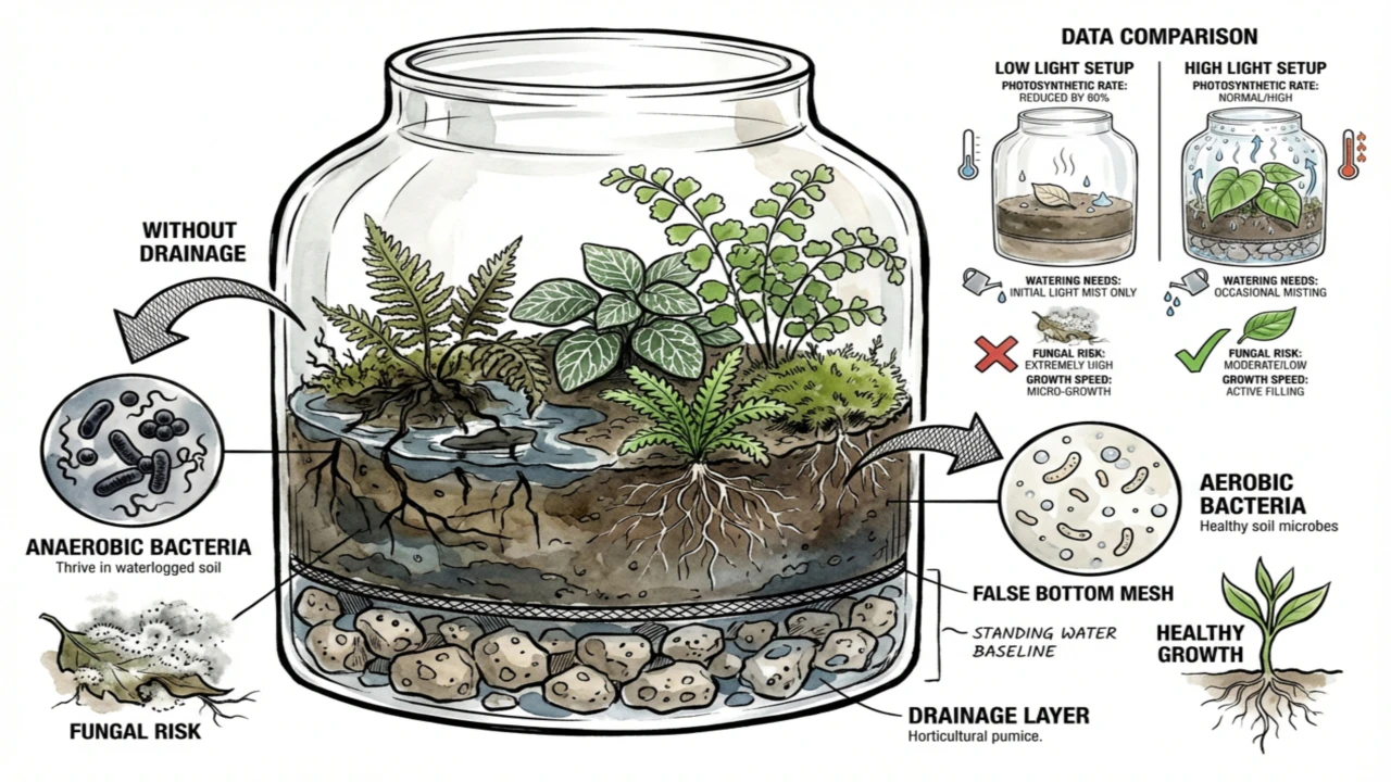 Proper terrarium soil layers showing pumice false bottom and charcoal filter