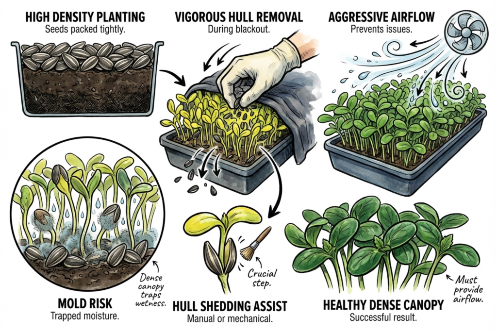 Dense sunflower microgreen canopy showing potential moisture traps
