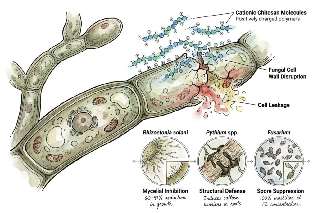 Positively charged chitosan molecules disrupting fungal cell membranes and causing leakage