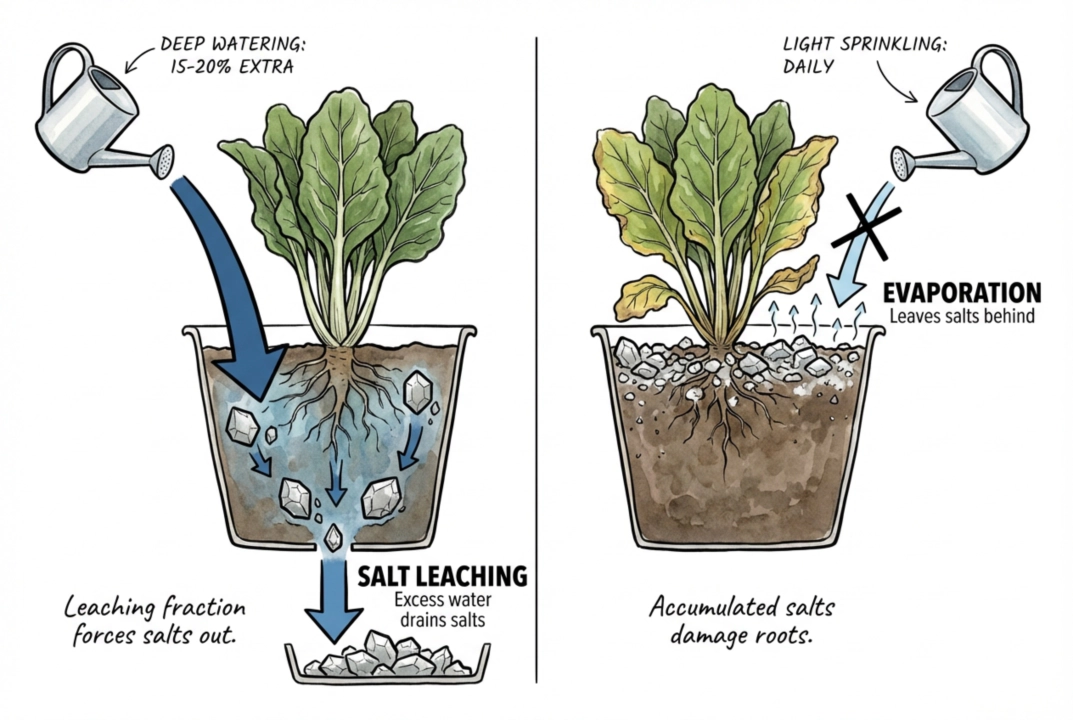 Diagram showing water pushing salts below the plant root zone
