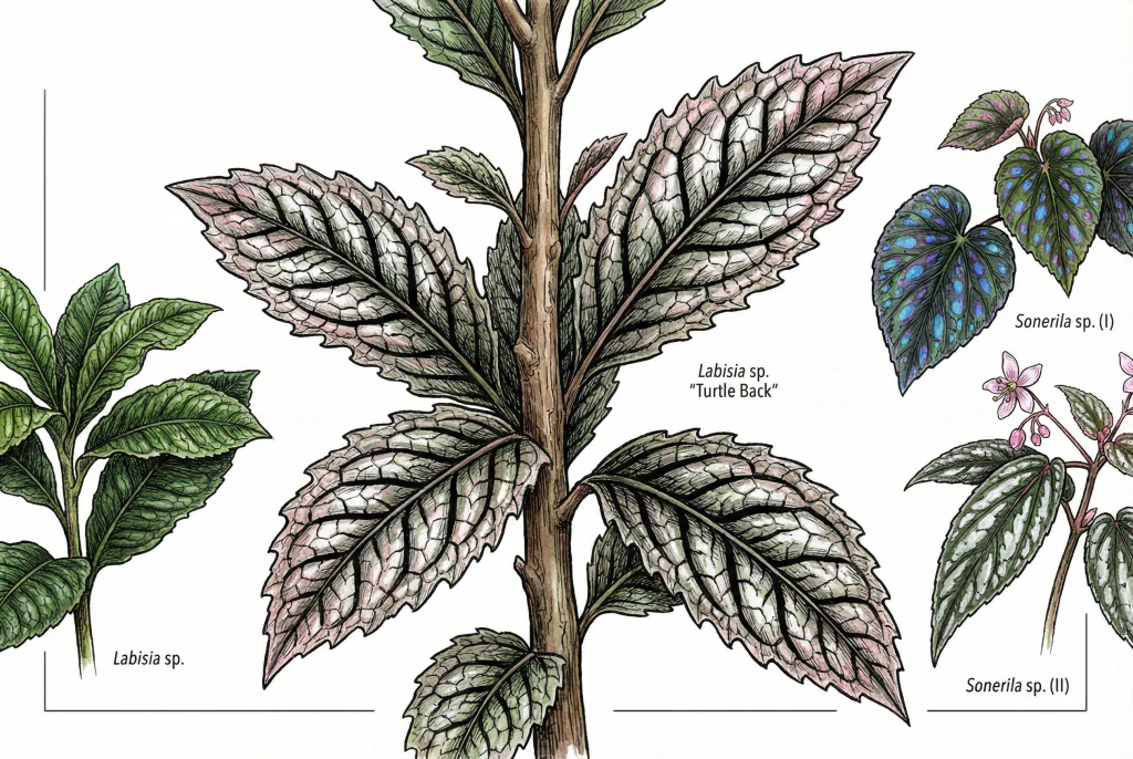 Labisia 'Turtle Back' leaf, highlighting the deep tessellated veins and rigid, glossy texture resembling a tortoise shell.