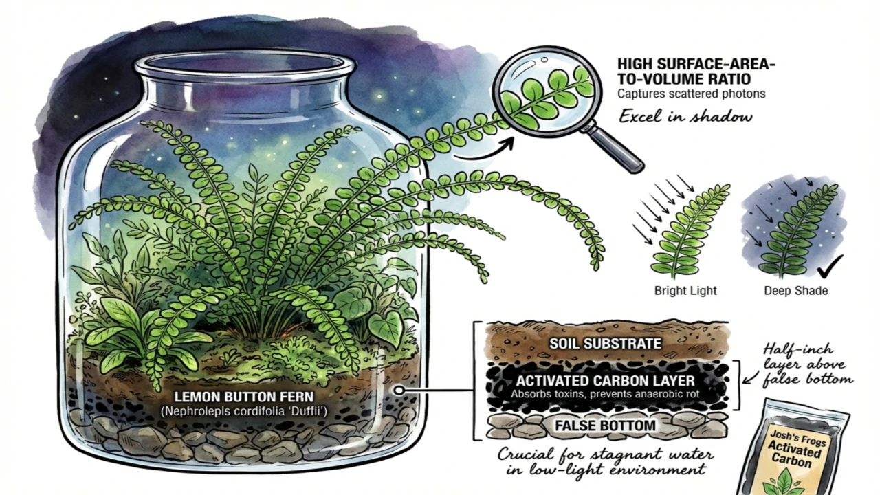 Miniature Lemon Button fern growing healthily in a low-light terrarium