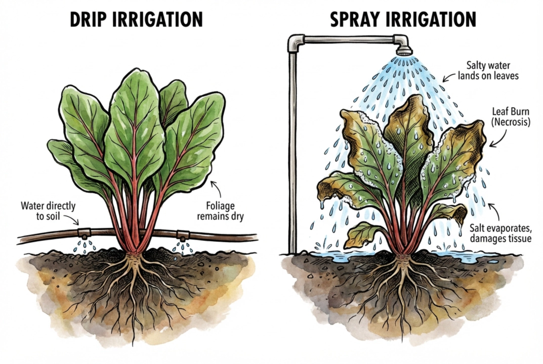 Comparison of healthy drip-irrigated plants versus spray-irrigated plants with leaf burn