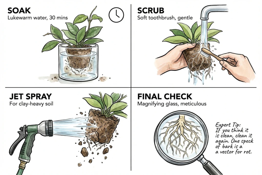 Cleaning soil from Hoya roots with toothbrush
