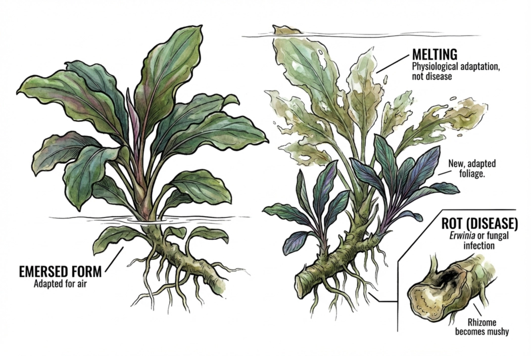 Melting leaves on a Bucephalandra plant during transition