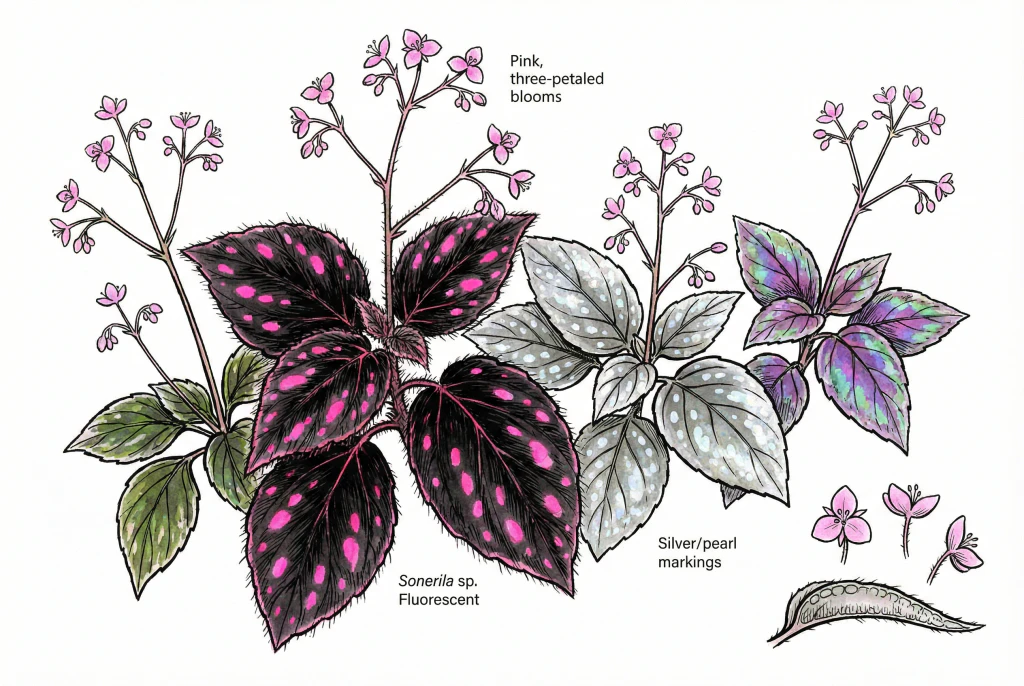 Sonerila foliage, featuring dark velvety leaves with bright, contrasting pink spots and fine hairs.